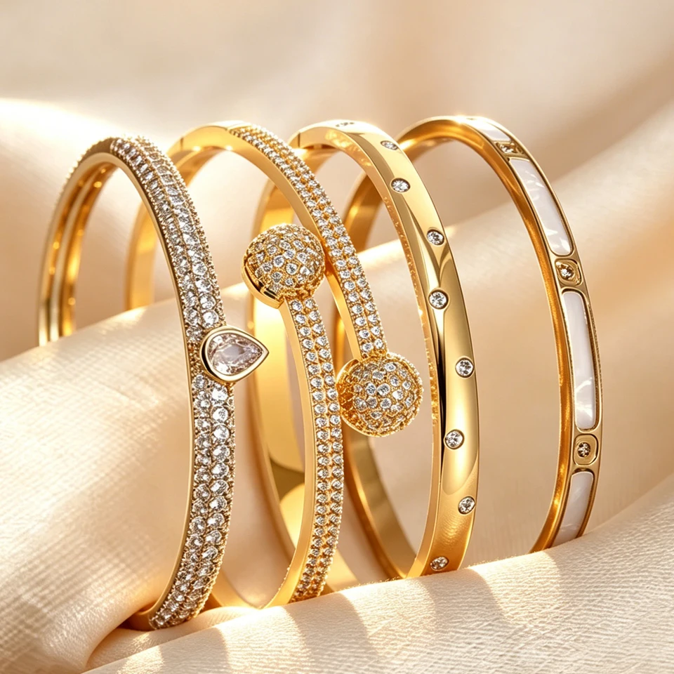 Yupsk 4/1pcs Brilliant Micro Paved Zirconia Copper Stainless Steel Bracelets Set for Women Elegant Wedding Party Jewelry