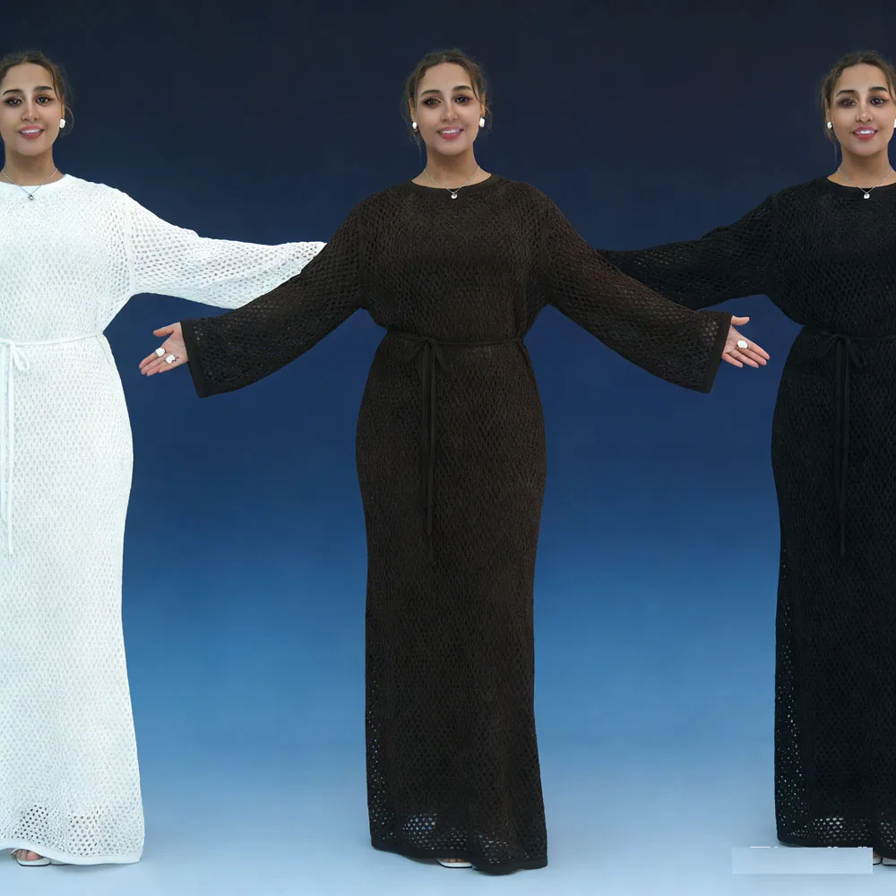 

Дубай Абая женское вязаное ажурное платье модное мусульманское турецкое кафтан халат Ближний Восток скромная исламская одежда для Рамадана Ид