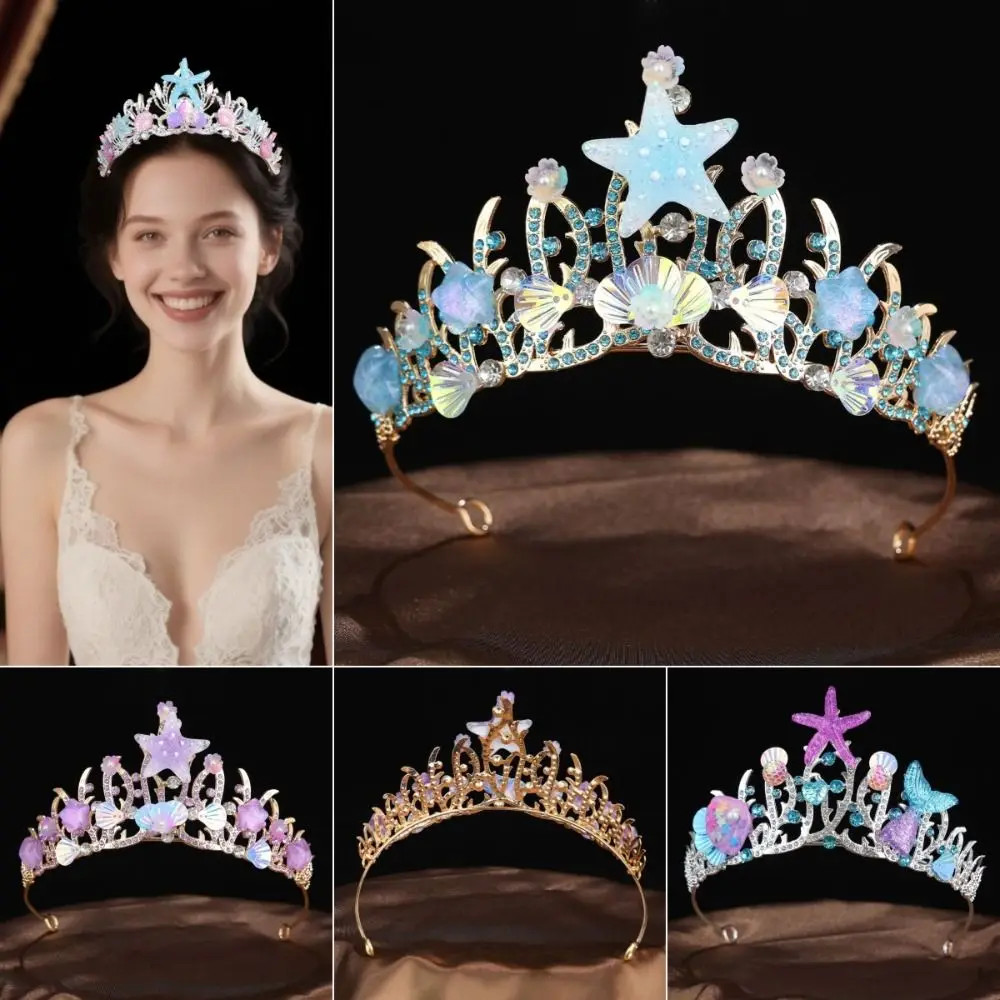 Sparkling Stars Crystal Shell Mermaid Sea Star Crown Tiara Headband Tiaras Hair Accessories Rhinestone Hair Hoop view 4