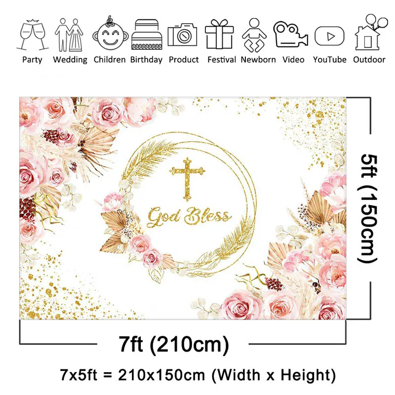 Mocsicka Dios bendiga telón de fondo primer bautismo decoraciones rosas doradas bautizo Baby Shower fondo sesión de fotos pancartas de fiesta