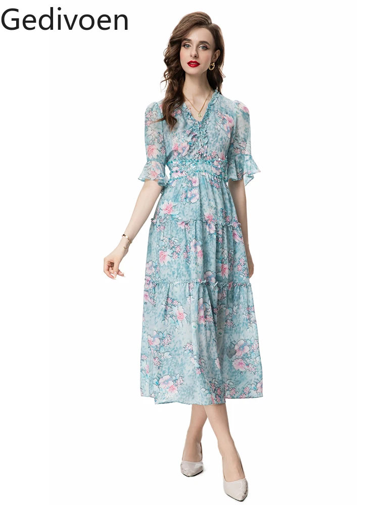 

Gedivoen Summer Fashion Runway New Designer Petal Sleeve Printing Floral Tierred Slim Office Lady Style Empire A-LINE Dress