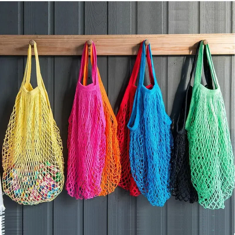 Reusable Mesh Net Grocery Tote Bag, Washable Woven Cotton Shopping Shoulder Bag with Short Handle for Fruit Vegetables