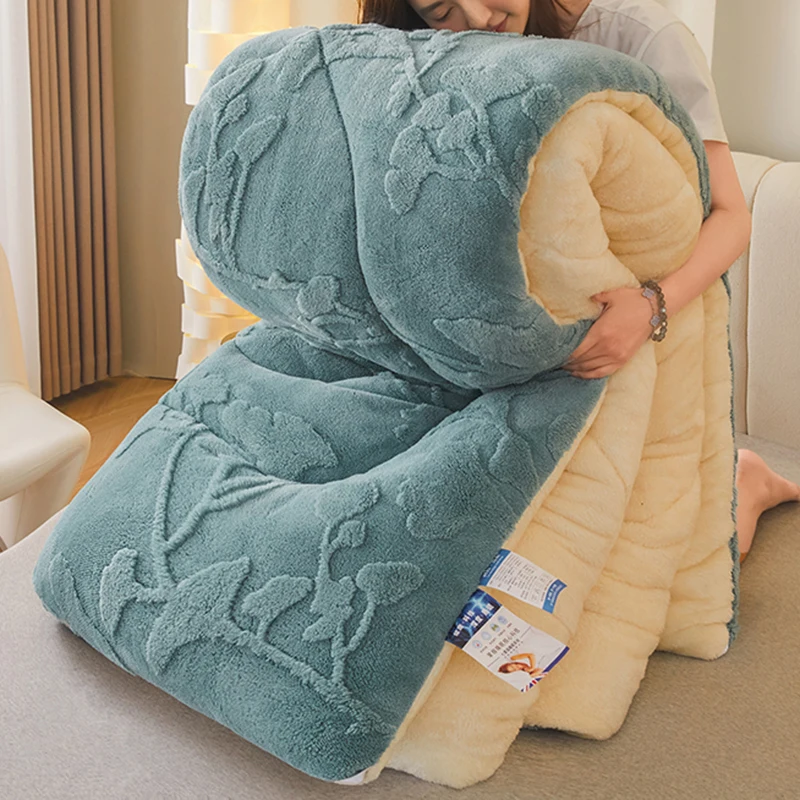 J HomeThick Warm Imitation Lambswool Winter Blanket for Bed Soft Jacquard Coral Fleece Quilt Double Sided Plush Weighted Blanket