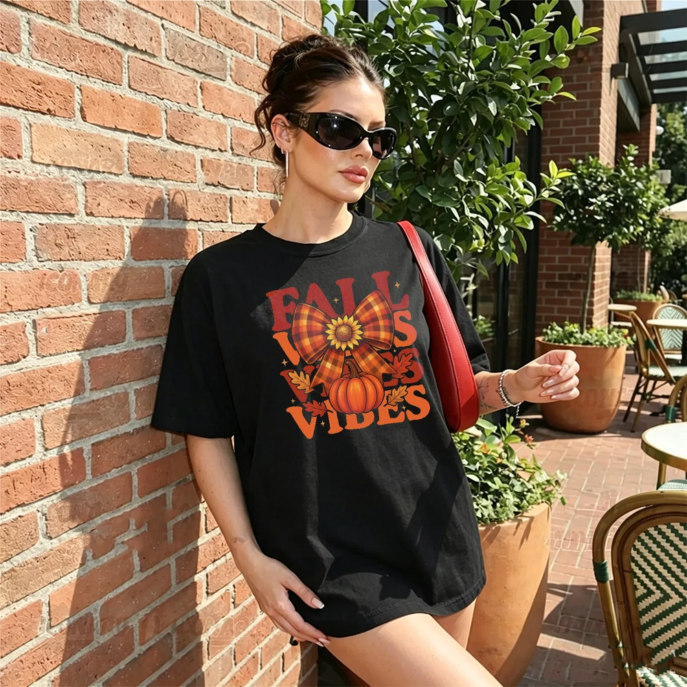 Fall Vibes Women T Shirt Plaid Bow Sunflower Pumpkin Maple Leaf Autumn Retro Graphic Trendy Stylish Versatile Ladies Tee