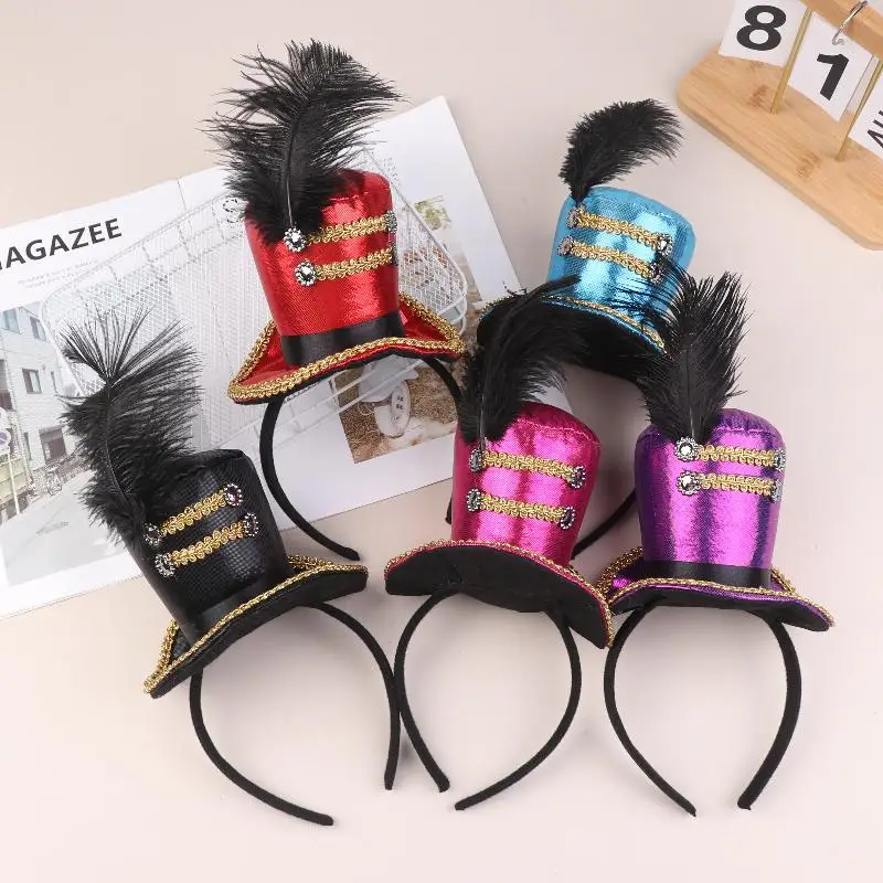 Mini-Zylinderhut Federkappe Stirnband Zirkusdirektor Haarreif Cosplay Kostüm Haarreifen für Kinder und Erwachsene Haaraccessoires