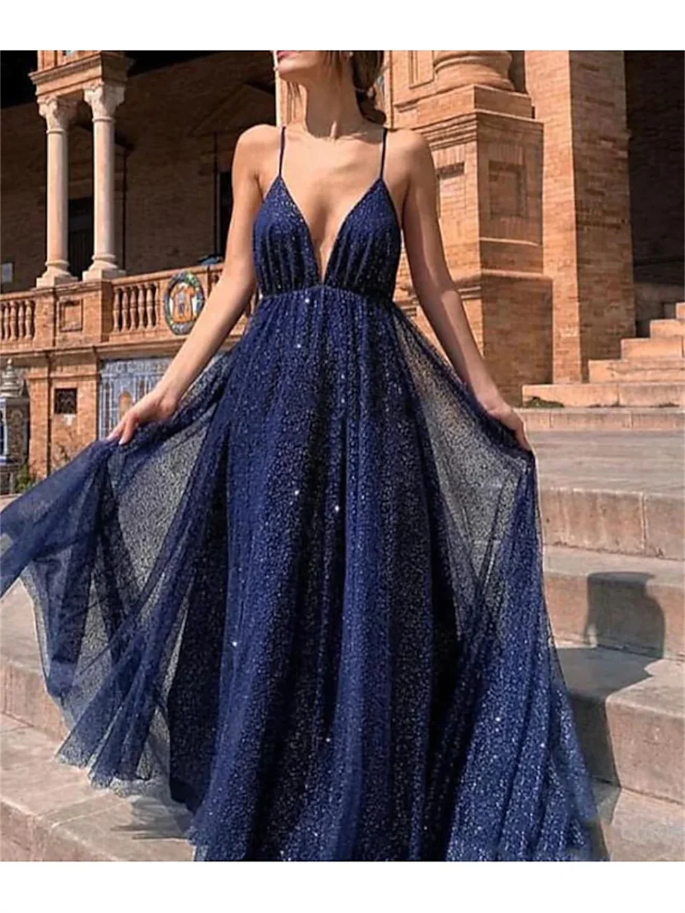 Robe de Soirée Trapèze en Mousseline de Soie Pailletée pour Femme, Tenue Sexy Dos auxen Tulle Plissé avec Traîne en V, 2023