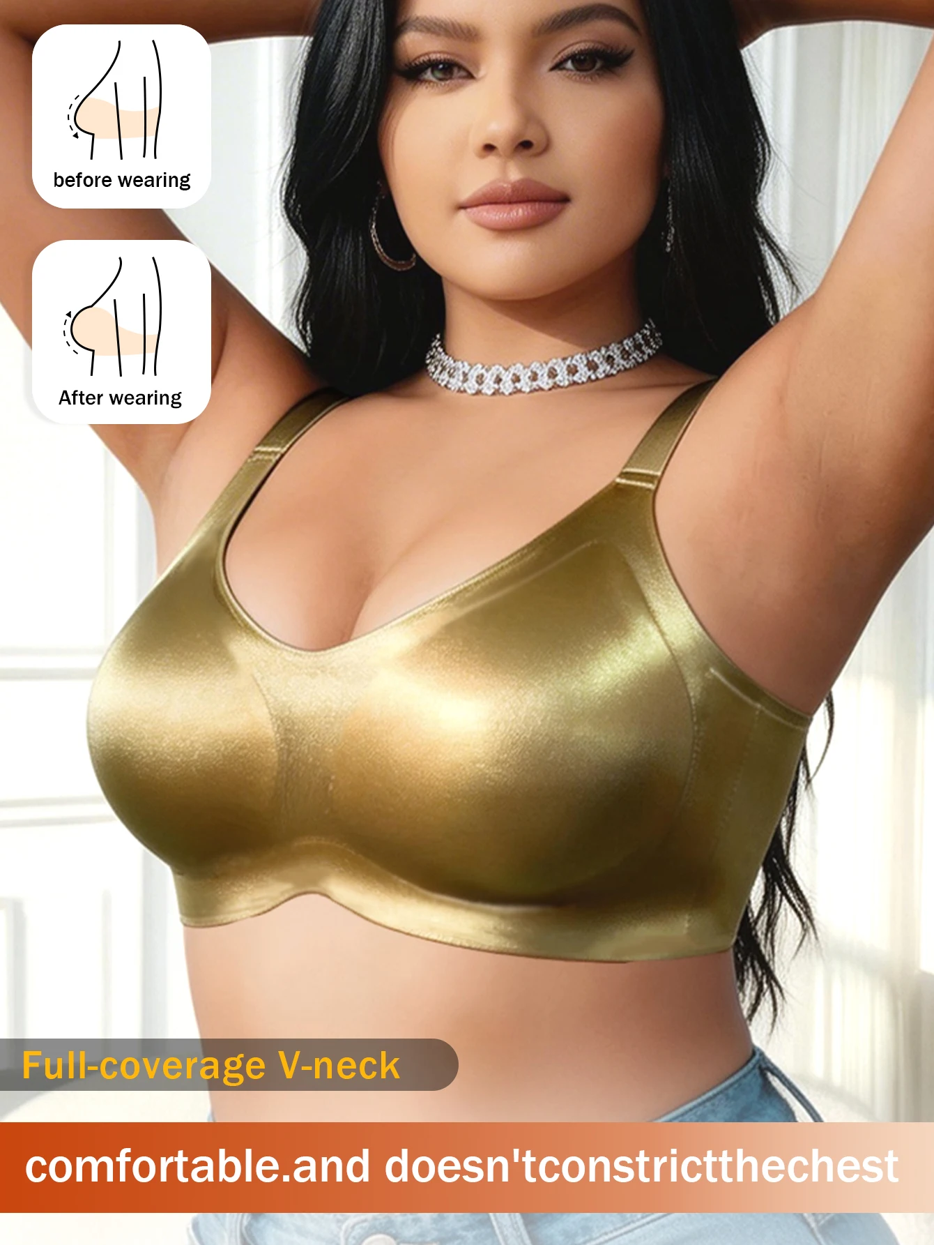 Women's V-Neck Wireless Plus Size Everyday Bra Solid Color Soft-Glow Fabric Adjustable Wide Straps Seamless Back Smoothing