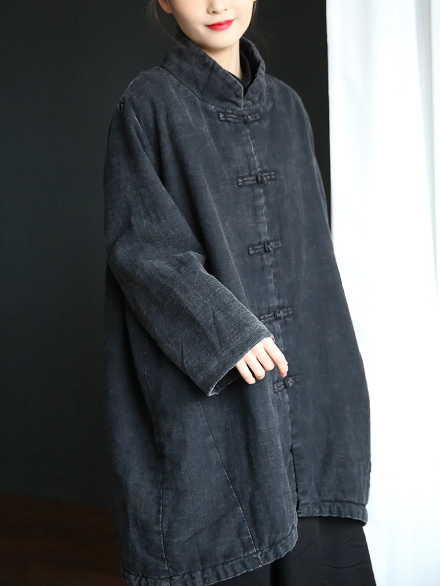 

Autumn Winter New Original Design Cotton Linen Women's Waed Linen Loose Mid-Length Cotton Warmth Coat Cotton Jaet