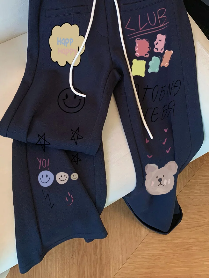 캐주얼 하이웨이스트 패치워크 스포츠 팬츠 남녀공용 봄 가을 스트레이트 레깅스 바지 안티에이징 프린트 드로스트링