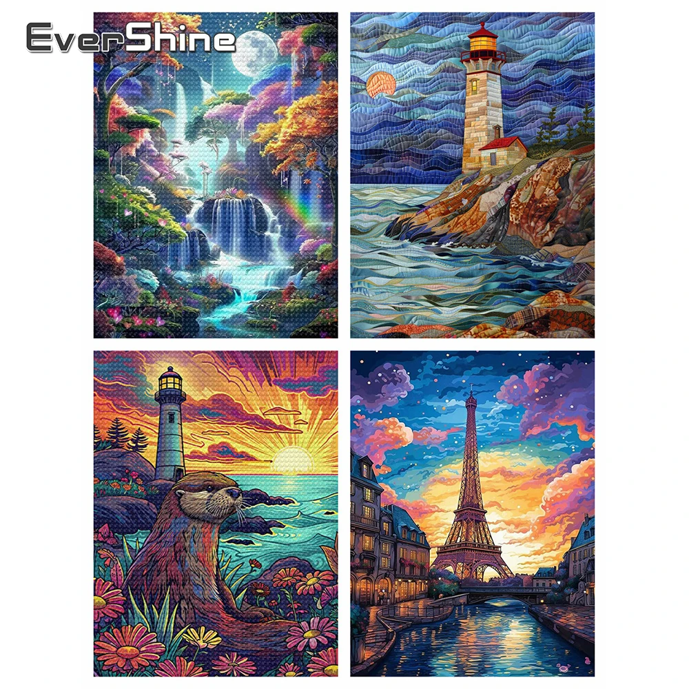 

Evershine 4pcs Full Round Diamond Painting Lighthouse Seaside Landscape Craft Kit DIY Waterfall Mosaic Eiffel Tower Child Gift