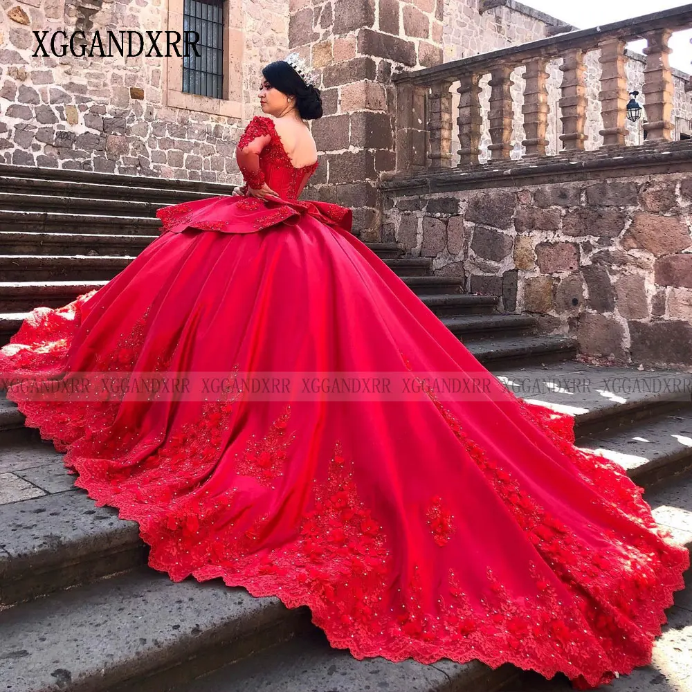 فستان أحمر Quinceanera الأميرة مع زينة ، فستان الحفلات ، بأكمام طويلة ، حلو 16 ثوب ، حفلة عيد ميلاد ، 15 سنة ، فستان فاخر ، 2024