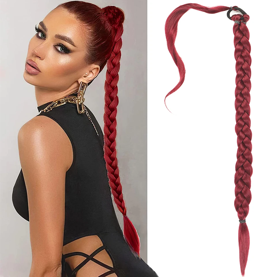 Ponytail Long Braided Extension Hair Tie Straight Wrap Around Hair Ponytail Natural Synthetic Dark Red Burgundy Hair Piece Daily