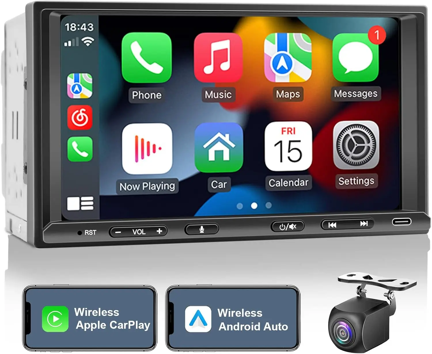 

Double Din Car Stereo Radio Wireless CarPlay & Wireless Android Auto, 7in Touchscreen Car Audio Receiver with Bluetooth,Rearview