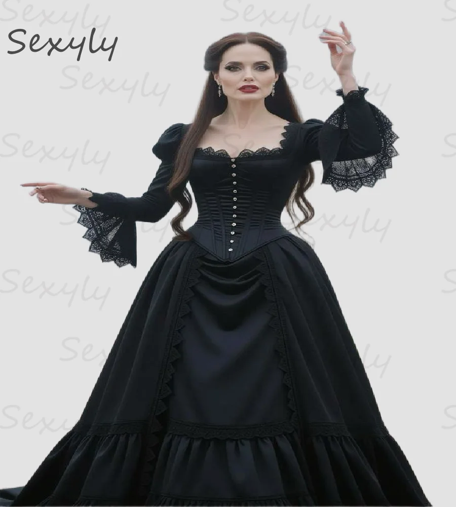 

Ancient Bustle Gothic Black Wedding Dress With Long Sleeve Vintage Halloween Medieval Bridal Dress 2025 Civil War Customized