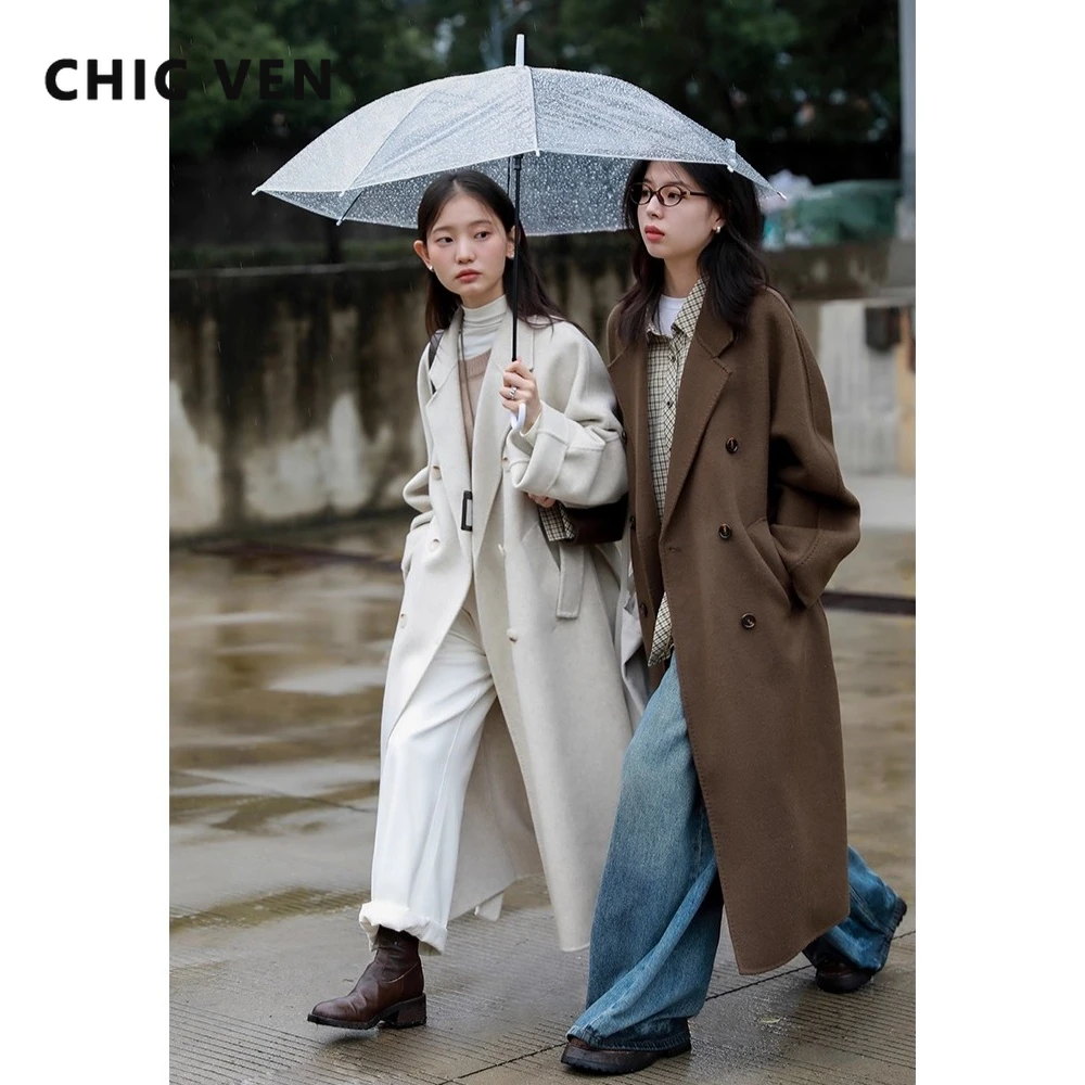 

CHIC VEN женское шерстяное пальто корейское однотонное свободное двустороннее пальто с поясом элегантная модная женская одежда осень-зима 2025