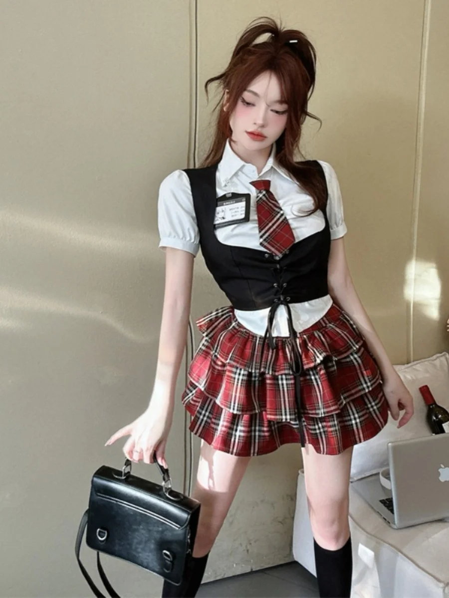 

plus Size American College Sle irt Vest Waist Cinched Plaid Puffy Cake Skirt JK orm Set Women Summer Faion Set