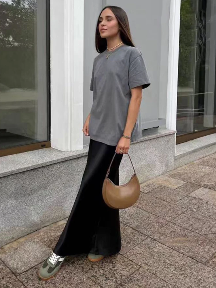 7 Colors Women's Flowing Satin Midi Skirt High Waist With Elastic Waistband Female Skirts Chic Fashion