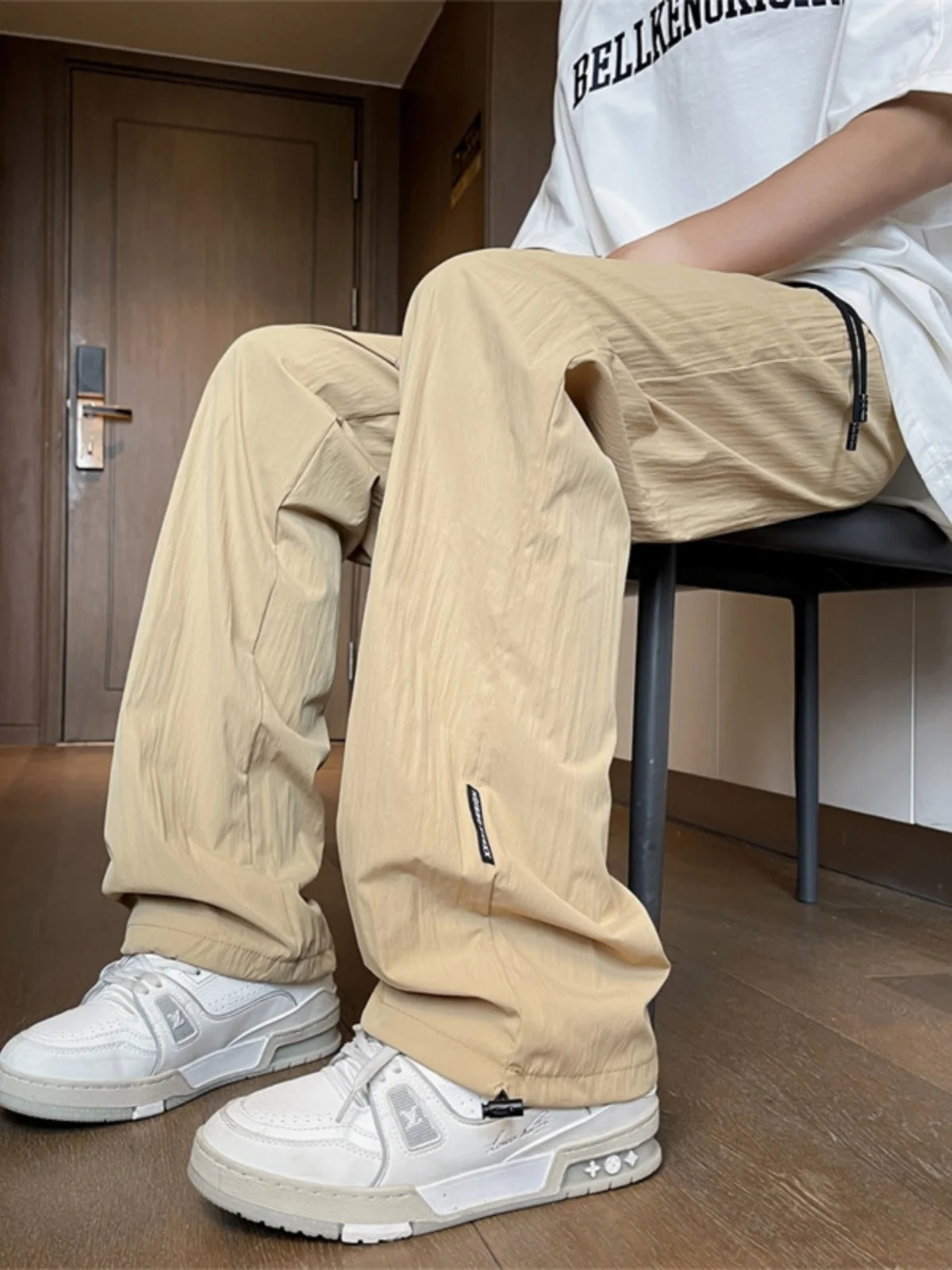 

Мужские летние тонкие быстросохнущие повседневные брюки из ледяного шелка прямого кроя, модные свободные спортивные длинные брюки для подростков