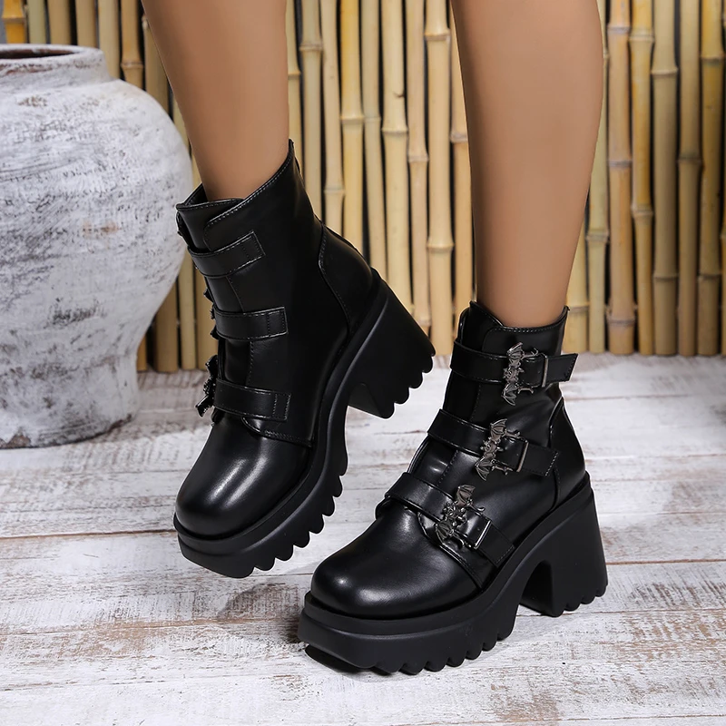 Gdgydh Women\'s Black Platform Boots Comfy Round Toe Buckle Strap Solid Color Chunky Heels Mid Calf Boots Gothic Style