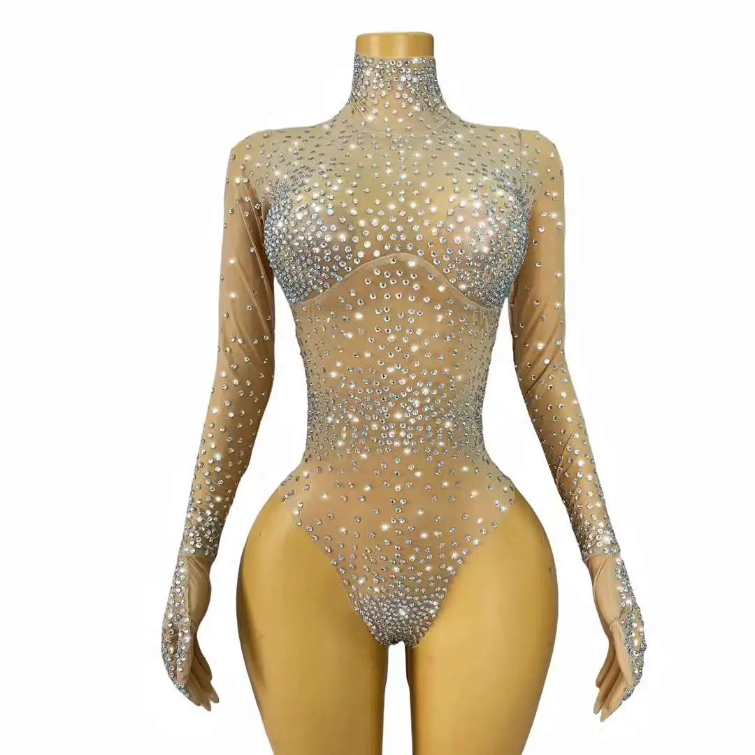 

Sparkly Rhinestone Sexy Handmade Bodysuit Birthday Party Catsuit Bar DJ Nightclub Performance Stage Outfit Bodysuit Full Gloves