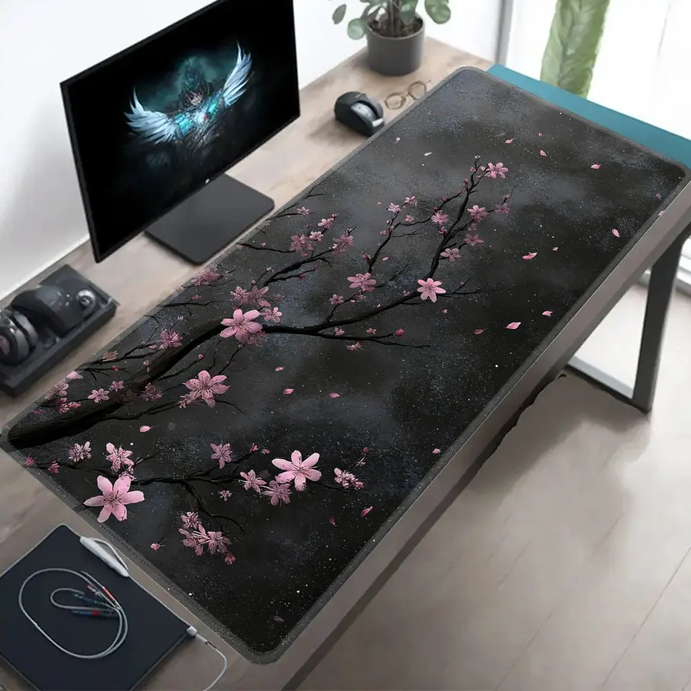 

Коврик для игровой мыши Dark Cherry Blossom, большой нескользящий коврик для стола с темным черным фоном и розовыми ветками сакуры