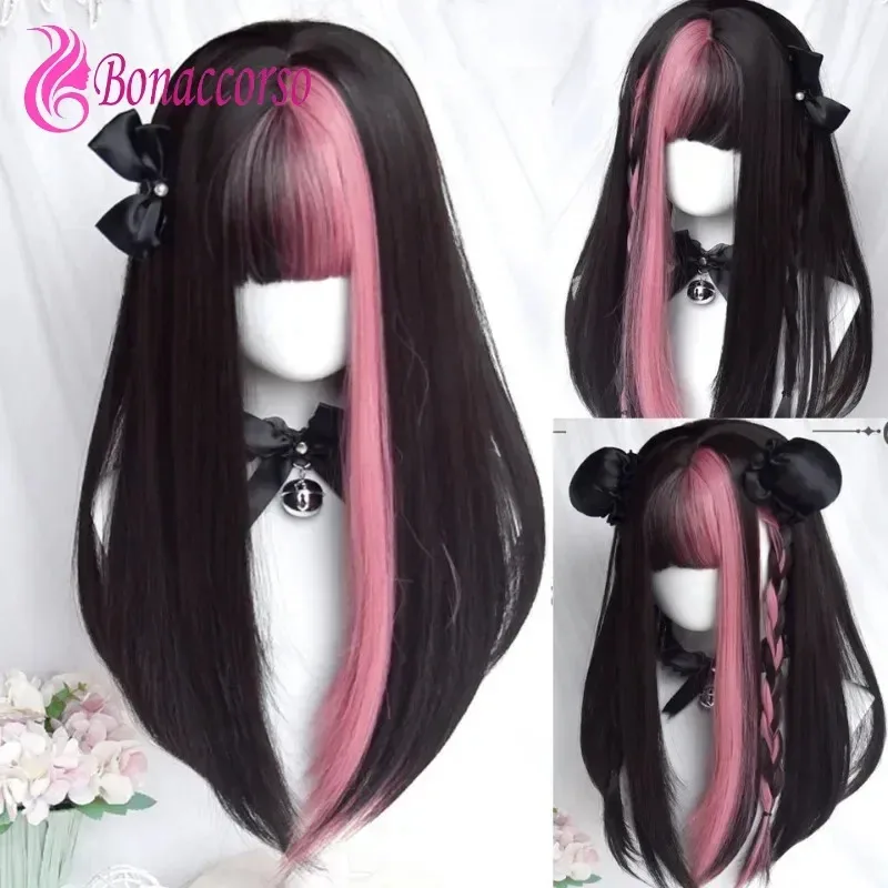 

Lolita Cosplay Wig Highlights Hair Synthetic Long Straight Wig Cute Girl Anime Coser High Quality Heat Resistant Fiber Wig Party