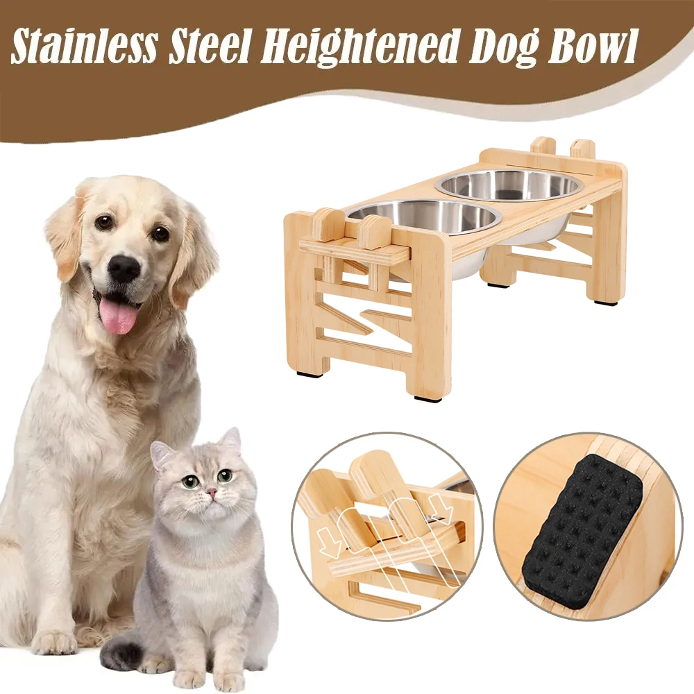 

Elevated Dog Bowls 6 Adjustable Heights Raised Cat Dog Food&water Feeder with 2 Stainless Steel Food Water Bowls and Wood Stand