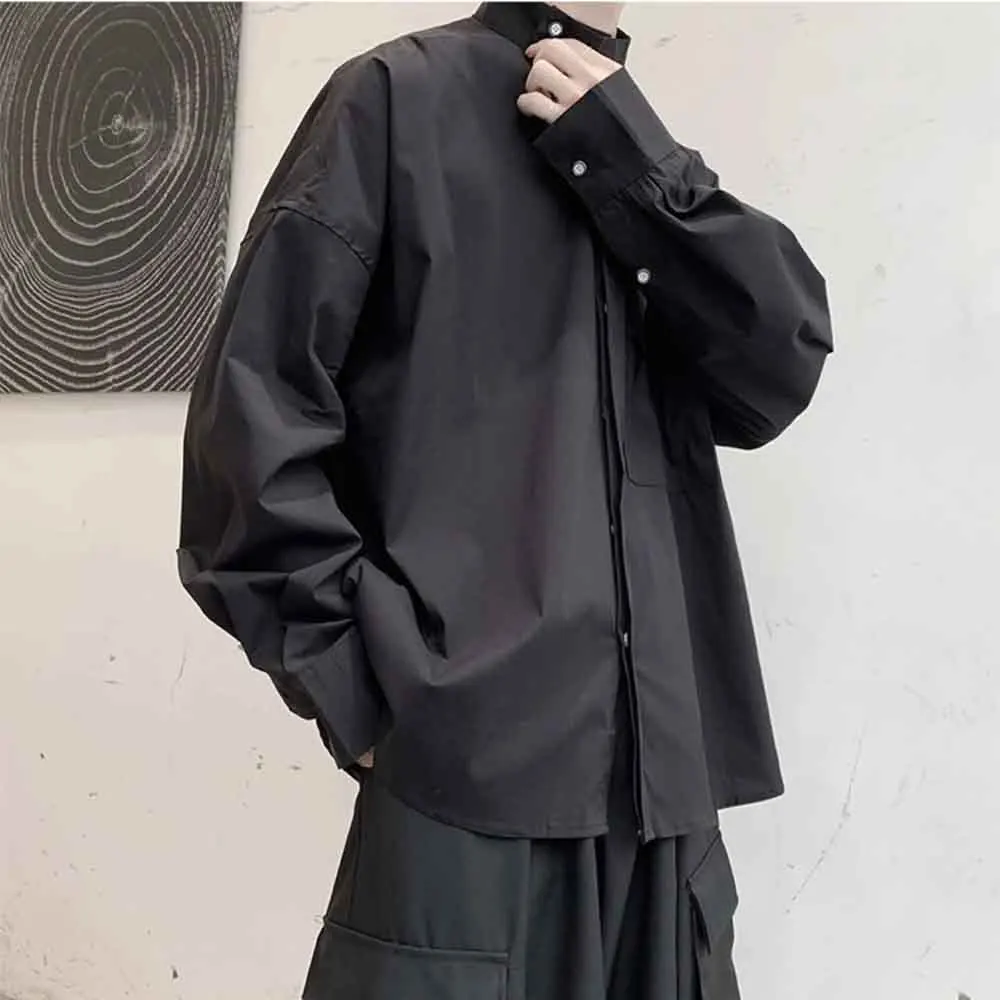 2025 Winter New Men's Solid Color Long-Sleeve Shirt American Retro Fashion Trend High Street Casual Loose Simple Men's Top