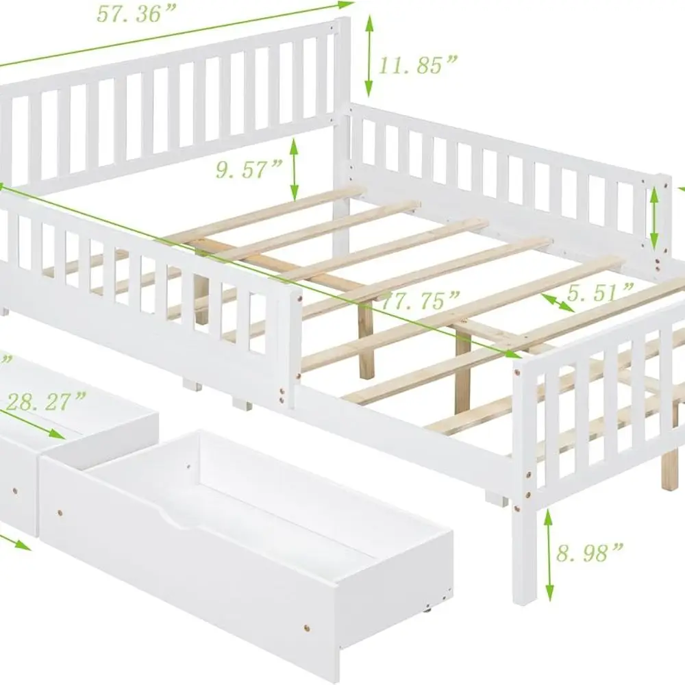 White Full-Size Kids Bed Frame with Storage, Wood Bed Frame for Boys & Girls, Headboard & Footboard Included, No Box Spring Need