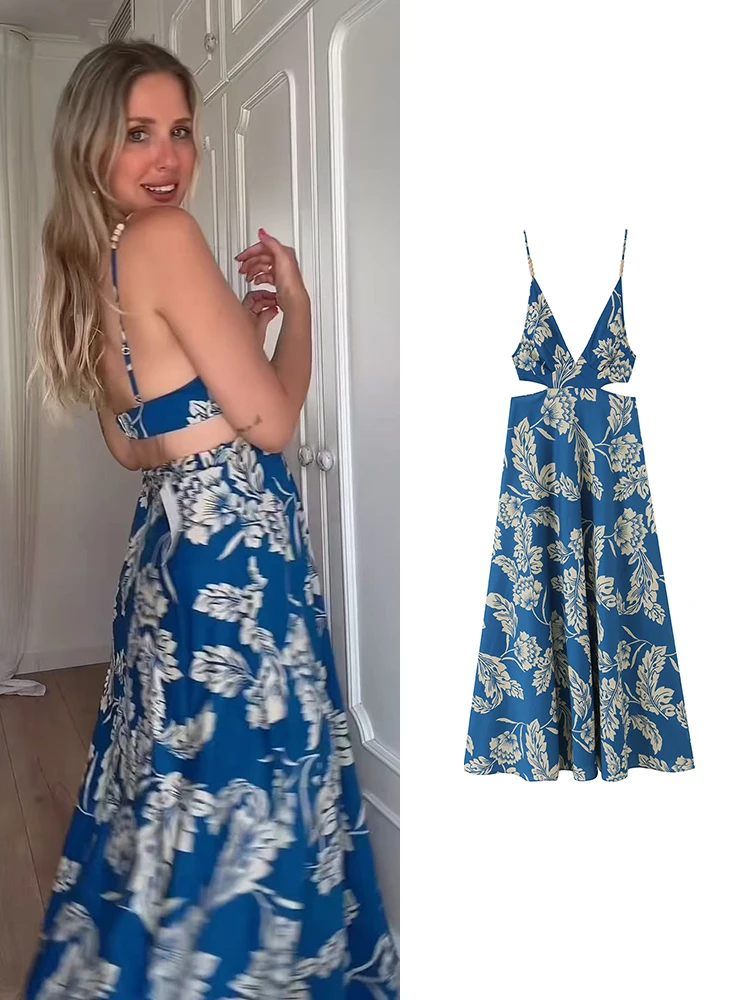 TFMLN Women's Print Dresses Summer New Sexy Waist Cut Out Long Dress Casual Fashion Holiday Style Beach Lady A Line Dress
