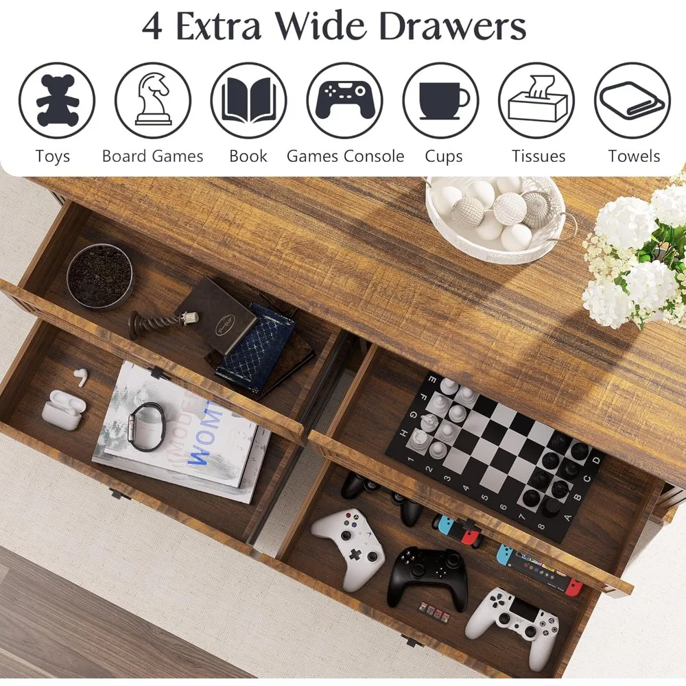 Coffee Table with Storage, 47.2 in Rustic Wooden Center Table with 4 Drawers for Living Room, Easy Assembly Rectangle Home Offic