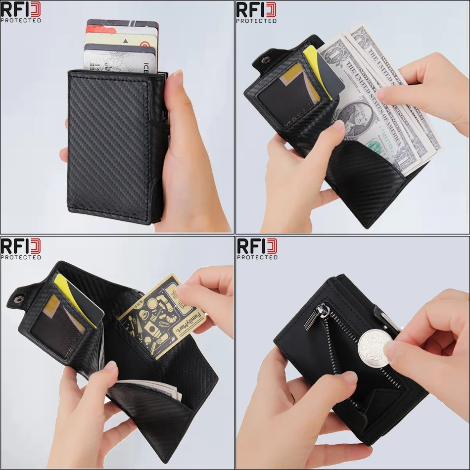 DIENQI Carbon Fiber Card Holder Wallets Men Brand Rfid Black Magic Trifold Leather Slim Mini Wallet Small Money Bag Male Purses