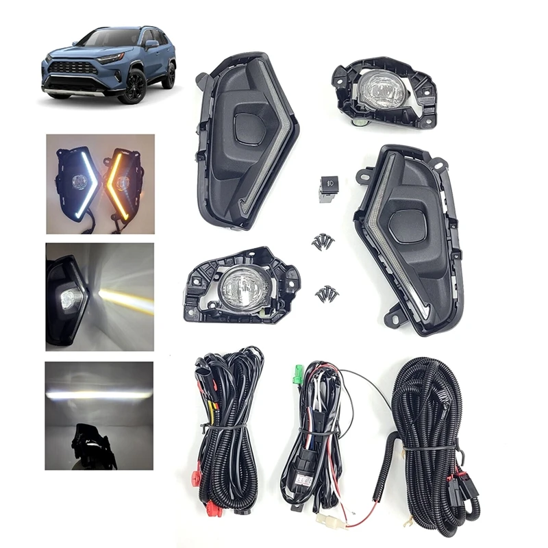 

Передний бампер, двухцветные светодиодные противотуманные фары, рамки, кронштейны, комплекты релейных проводов для Toyota RAV4 2022 2023, детали сигнала автомобиля DRL