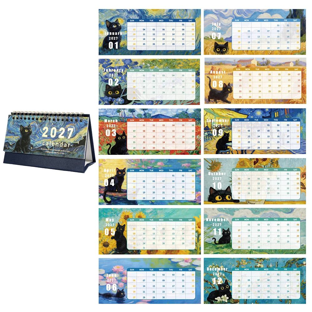 2027 Black Cat Painting Kalender, kleines, tragbares Design, Tages-/Monatsplanerseiten für Büro, Zuhause, Schreibtisch, Zeitorganisator und Dekoration – Detail 11