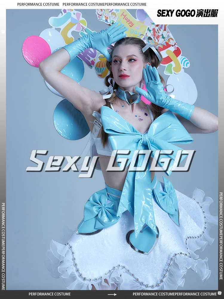 Kostium dla DJ-a w klubie nocnym, stroje do tańca Gogo, kostium Drag Queen, topy z kokardą, spódnica, odzież karnawałowa, strój do tańca jazzowego dla dorosłych yj420