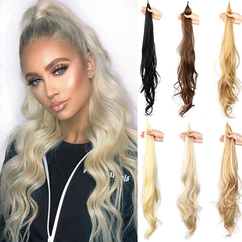 Synthetic Ponytail Hair Extensions for Women Long Wavy Flexible Wrap Around Fake Hair Ponytail Curly Blonde Pony Tail Hairpiece