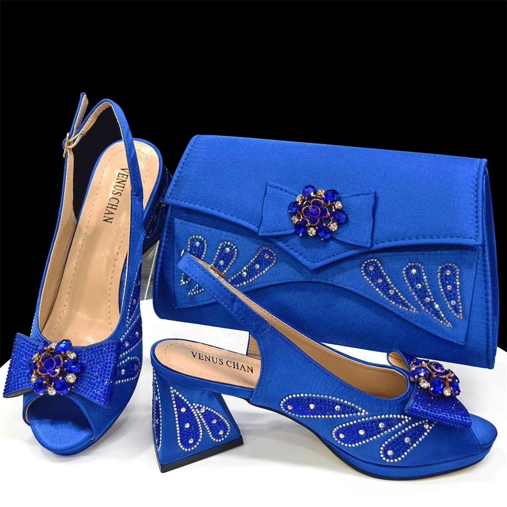 Blue New Satin finish Figure Design  Sexy Style Comfortable Ladies Peep Toe Shoes And Bag for Elegant Women Wedding Party