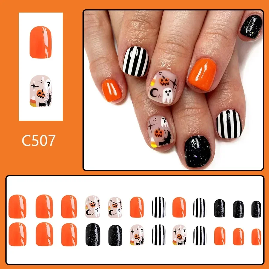 Faux ongles courts pour femmes et filles, Halloween souhaits on, mesurost Stripe, N64.Pumpkin, Bat, French Elements, 24PCs