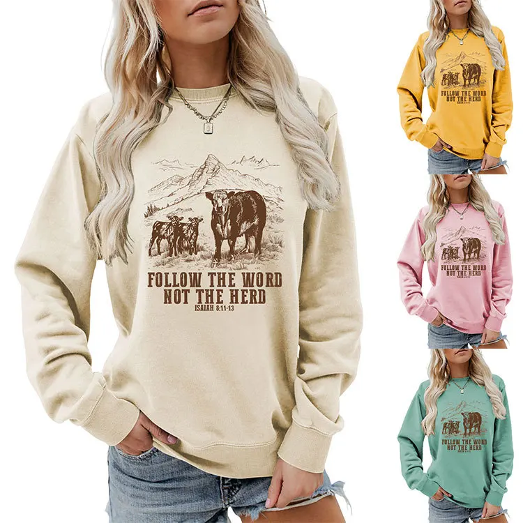 Autumn and winter new O-collar hoodie follow the word not the herd print loose casual long-sleeved top