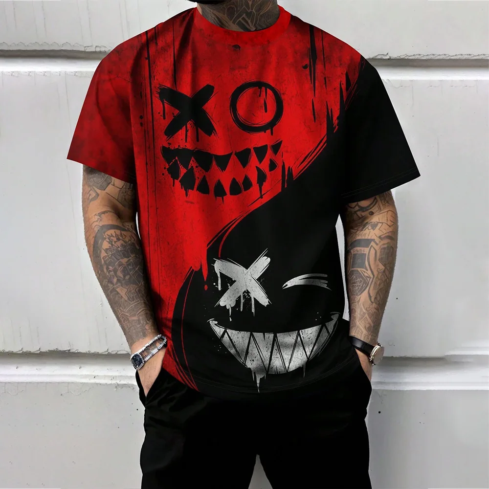 2024 Trendy Red And Black Spliced Printed Men's T-Shirt Funny Ghost Face Graphic T-Shirts Oversized Loose Short Sleeve Clothing