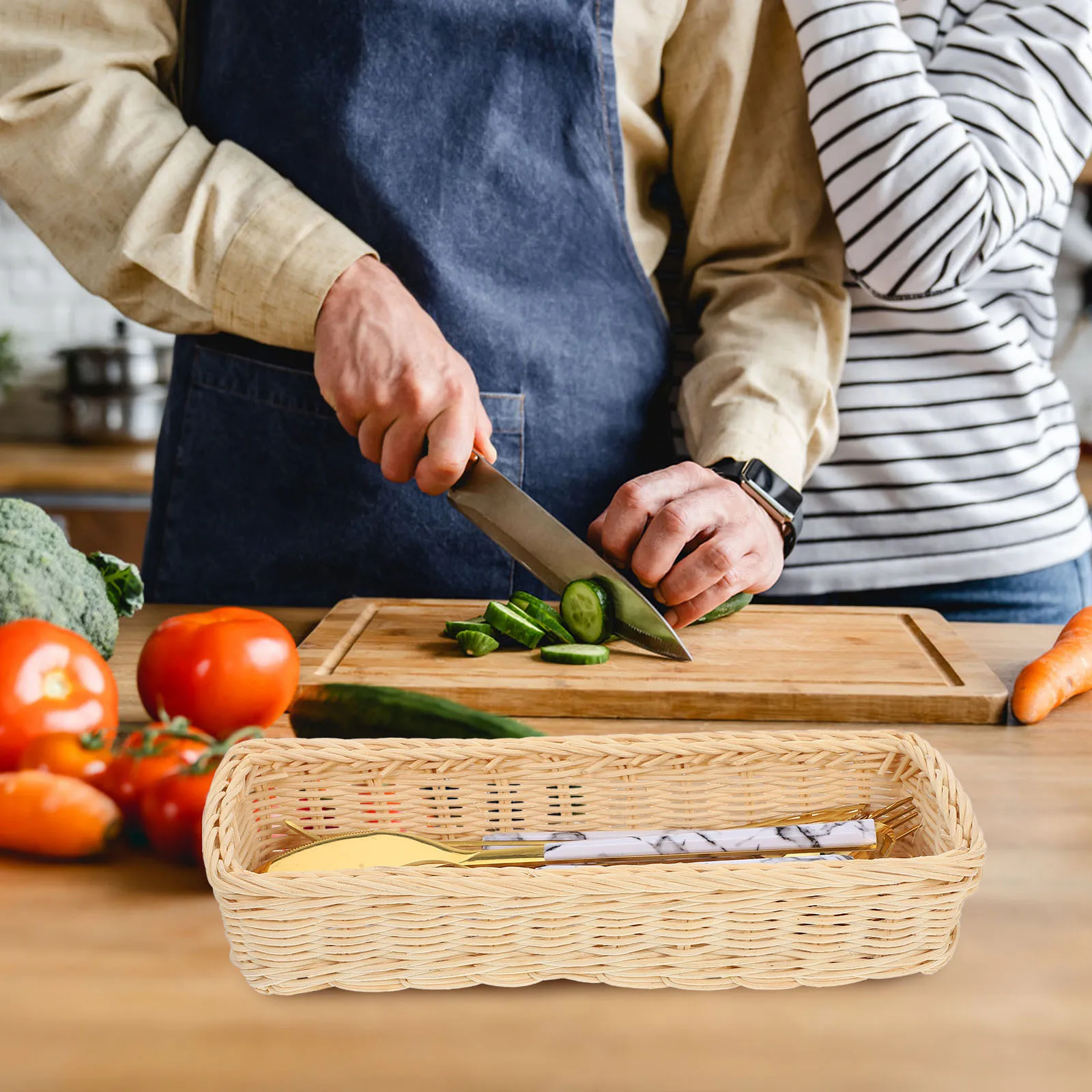 

Rattan Storage Basket Woven Cutlery Organizer Tableware Holder Chopstick Silverware Fork Container Kitchen Utensil Box Large