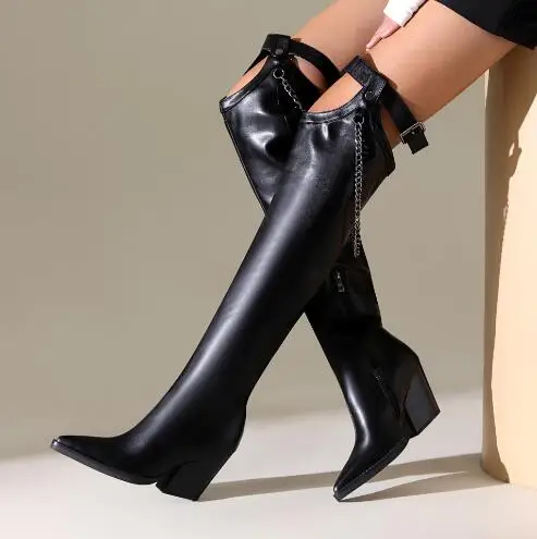 

New Black Leather Pointed Toe Sliver Metal Chain Belt Buckle Wedges Knee High Boots Women Fashion Slim Long Boots Shoes Size 45