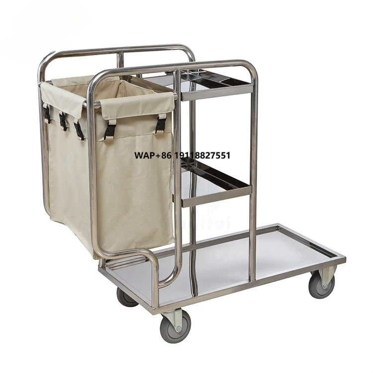 

Hotel Guestroom Stainless Steel Service Cart Cleaning Cart Trolley PP Wheels Black Color