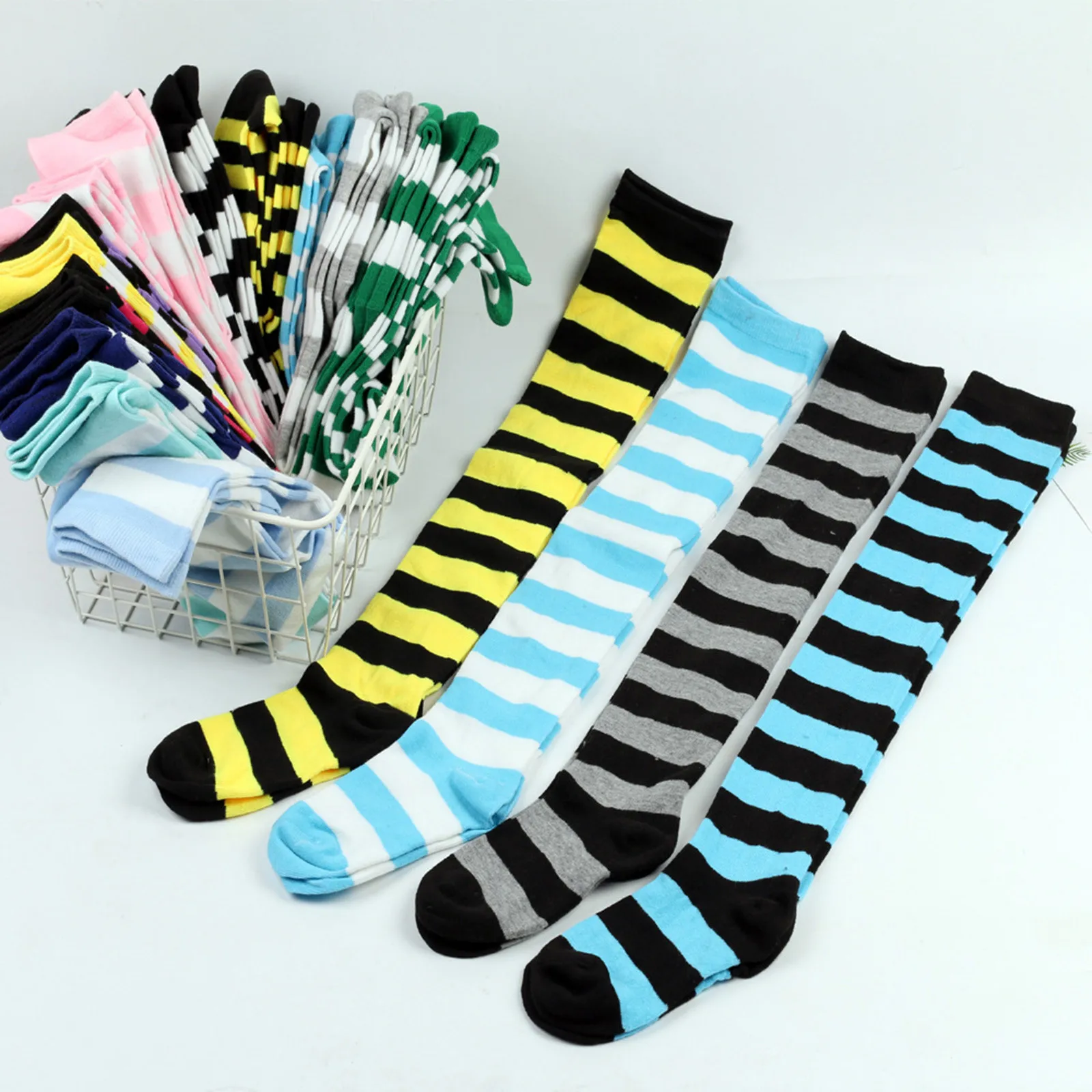 Long Striped Stockings Printed Femboy Thigh High Colorful Long Socks Stockings for Daily or Anime Cosplay Party Stockings