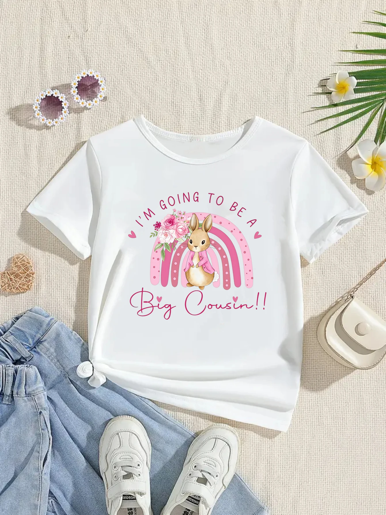 

I Am Going To Be A Big Cousin Rainbow Flowers Bunny Printed T Shirt Girls Pregnancy Announcement Shirt Funny Kids Clothes
