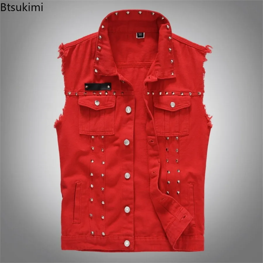 Plus Size 5XL 6XL Men's Denim Vest Punk Rock Rivet Cowboy Black Jeans Waistcoat Fashion Men Motorcycle Sleeveless Jeans Jacket