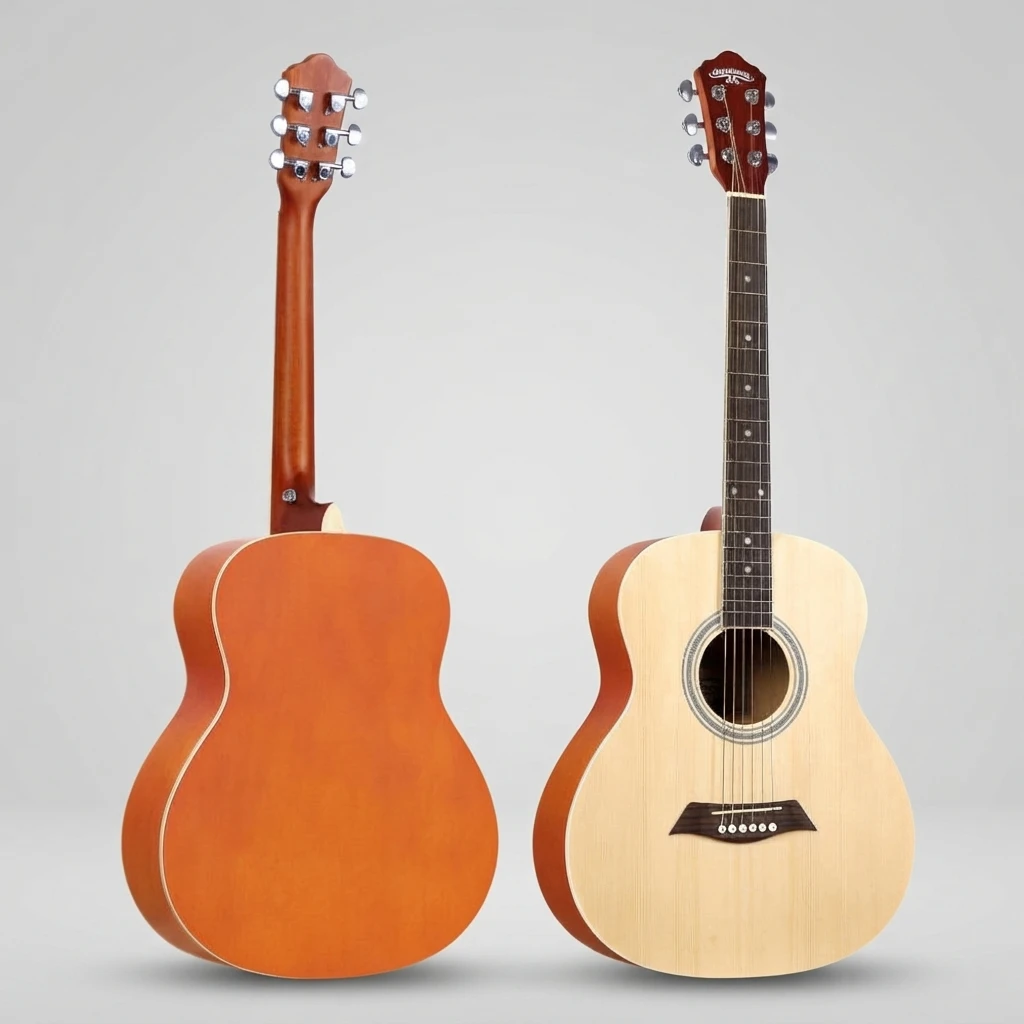 2 Color Round Body Folk Acoustic Guitar Gloss Finish 6 Strings, Black Natural White Binding for Beginners, Great for Practice