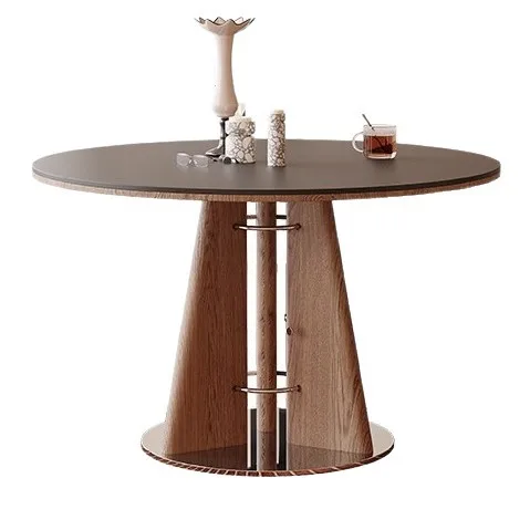 LTT retro style all solid wood round dining table household French retro stainless steel base