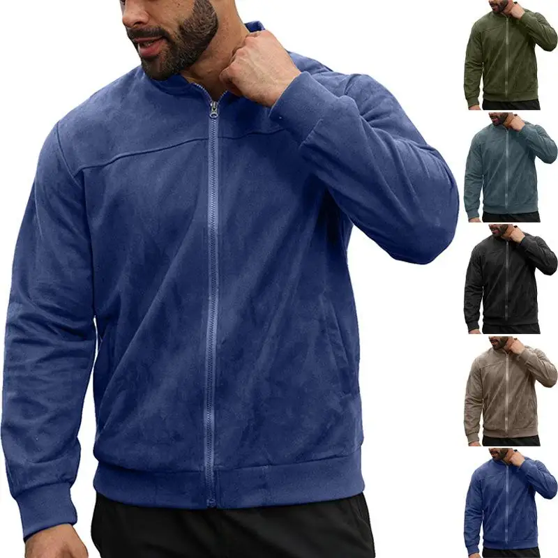

Simplified Design Pure Color Suede Jacket Zipper Splicing Men's Outerwear Punk Style Long Sleeve Stand Collar Fashionable PU ...