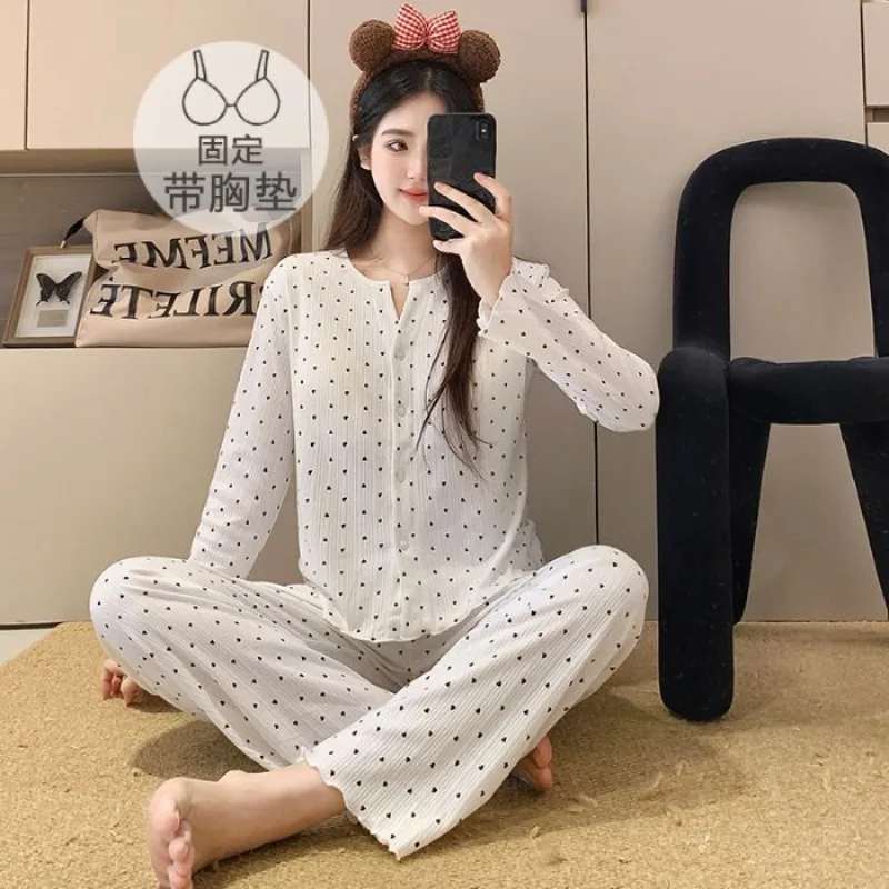 Teenager Frühling Herbst Loungewear Langarm-Pyjama mit Brustpolstern für Frauen und Mädchen, Cardigan-Set, Weiche Homewear, Lockeres Hausoutfit für Damen